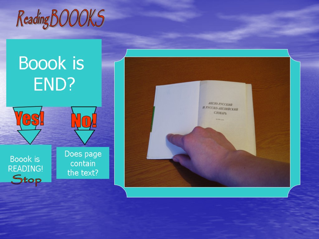 Boook is END? Reading BOOOKS Boook is READING! Stop Does page contain the text?